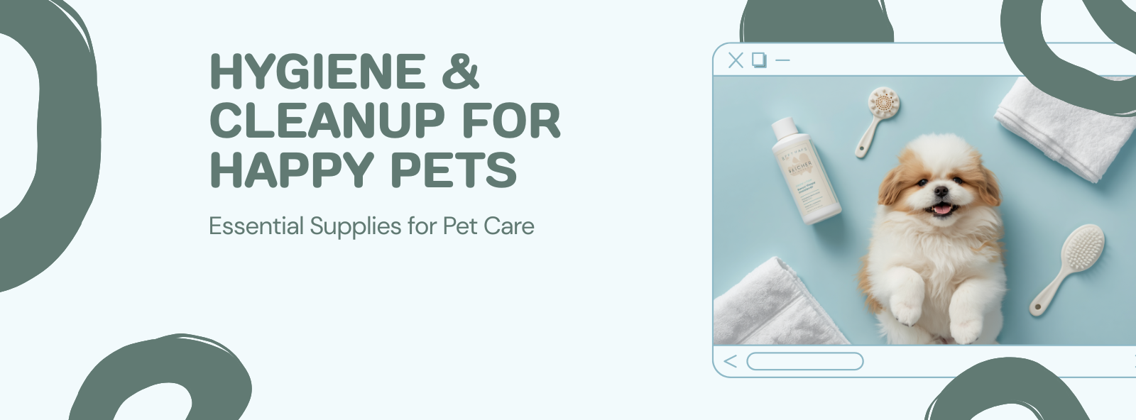 Pet hygiene and cleanup supplies — waste bags, litter, and grooming tools