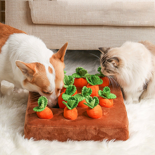 Carrot Plush Snuffle & Chew Toy for dogs — enrichment snuffle mat with squeaker