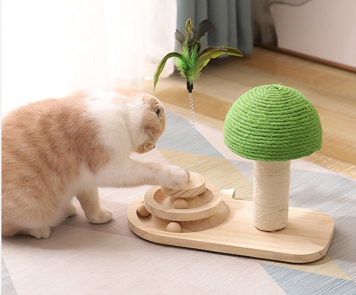 Cat Scratch Post Tower with sisal balls and hanging toy — natural sisal, wide base