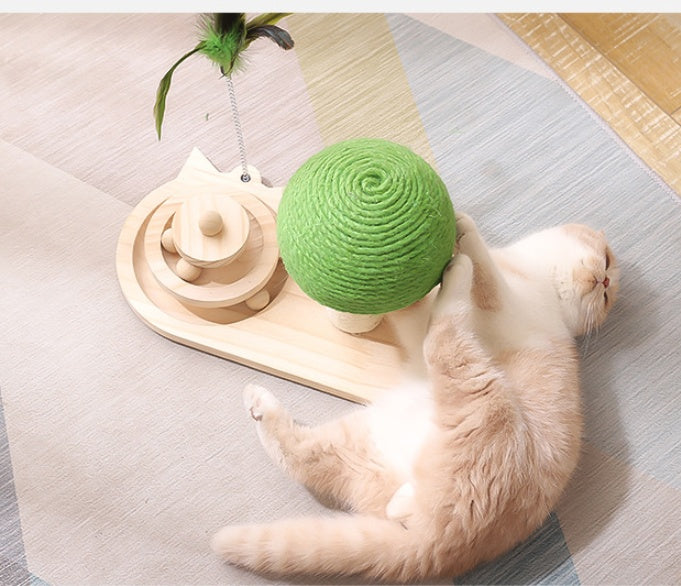 Cat Scratch Post Tower with sisal balls and hanging toy — natural sisal, wide base