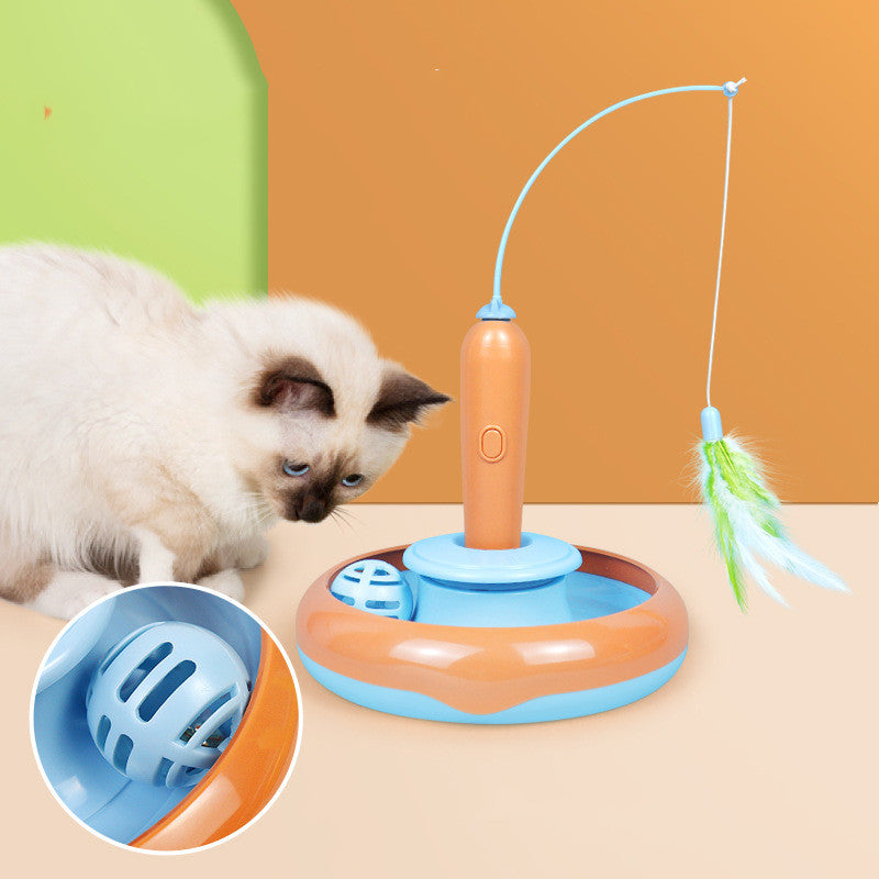 2-in-1 Feather Turntable Interactive Cat Toy — motorized rotating feather, suction base