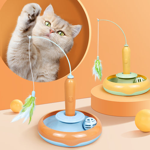 2-in-1 Feather Turntable Interactive Cat Toy — motorized rotating feather, suction base